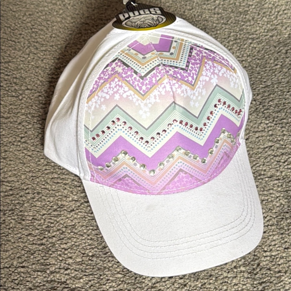 Pugs Zigzag Pattern Hat/Cap with Rhinestones. Purple & Green on White.
